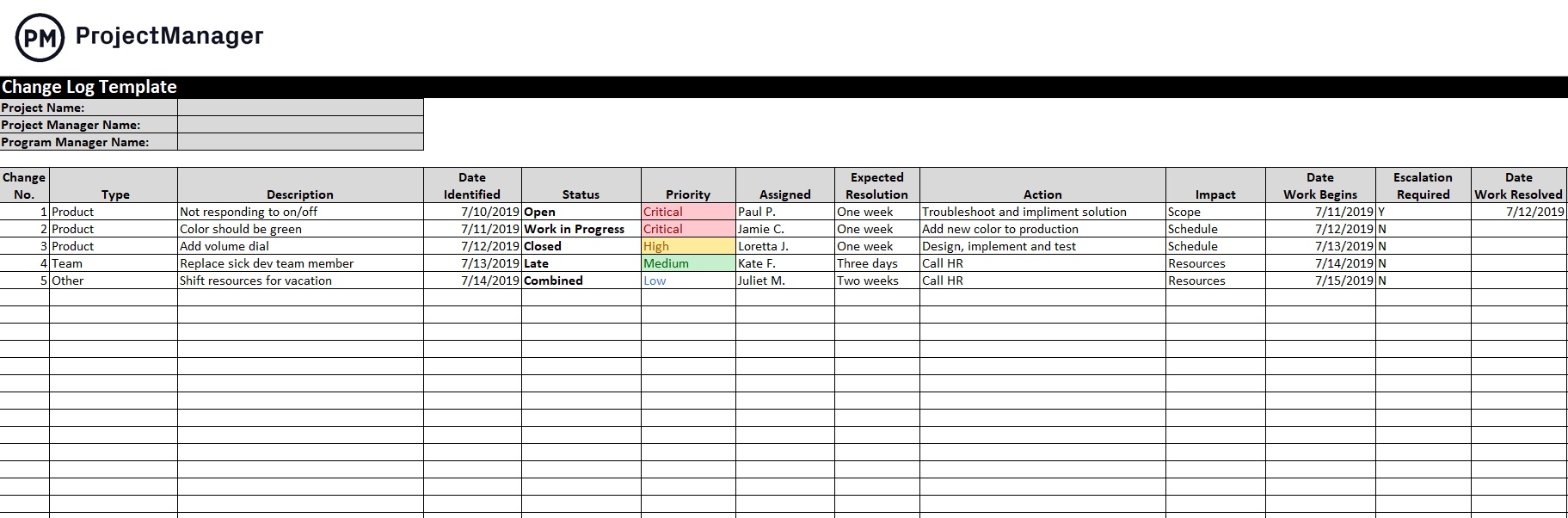 Change Log Template (Free Excel Download) ProjectManager