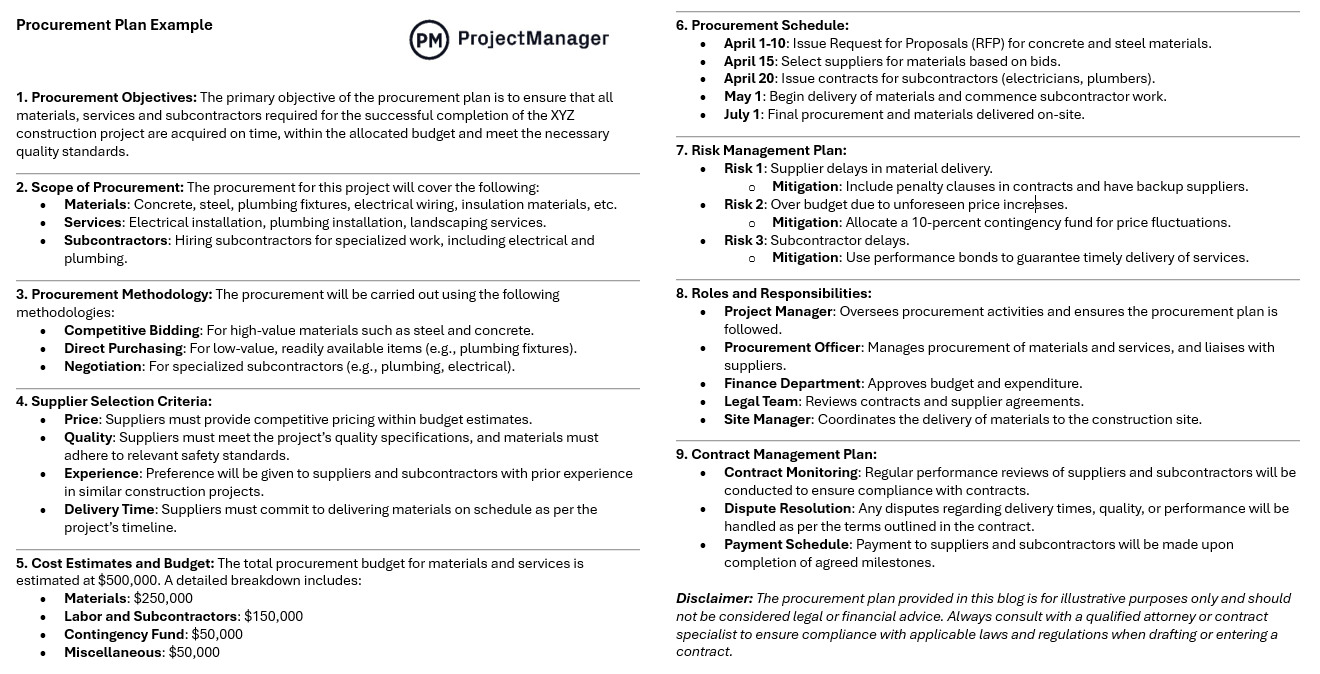 Procurement plan example by ProjectManager