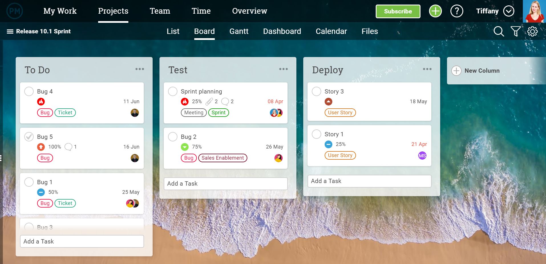 A screenshot of the kanban board in ProjectManager.com, the perfect tool to handle your burndown charts