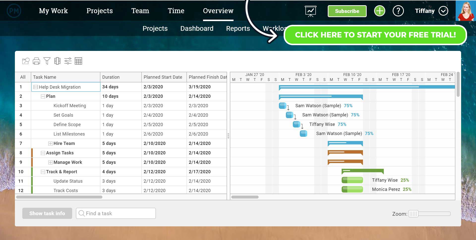 A screenshot of ProjectManager's gantt chart interface, showing scheduled tasks as color-coded bars