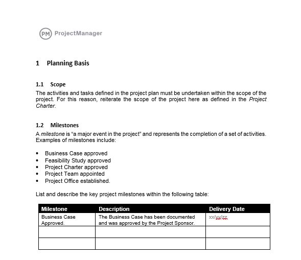 Project plan template in ProjectManager