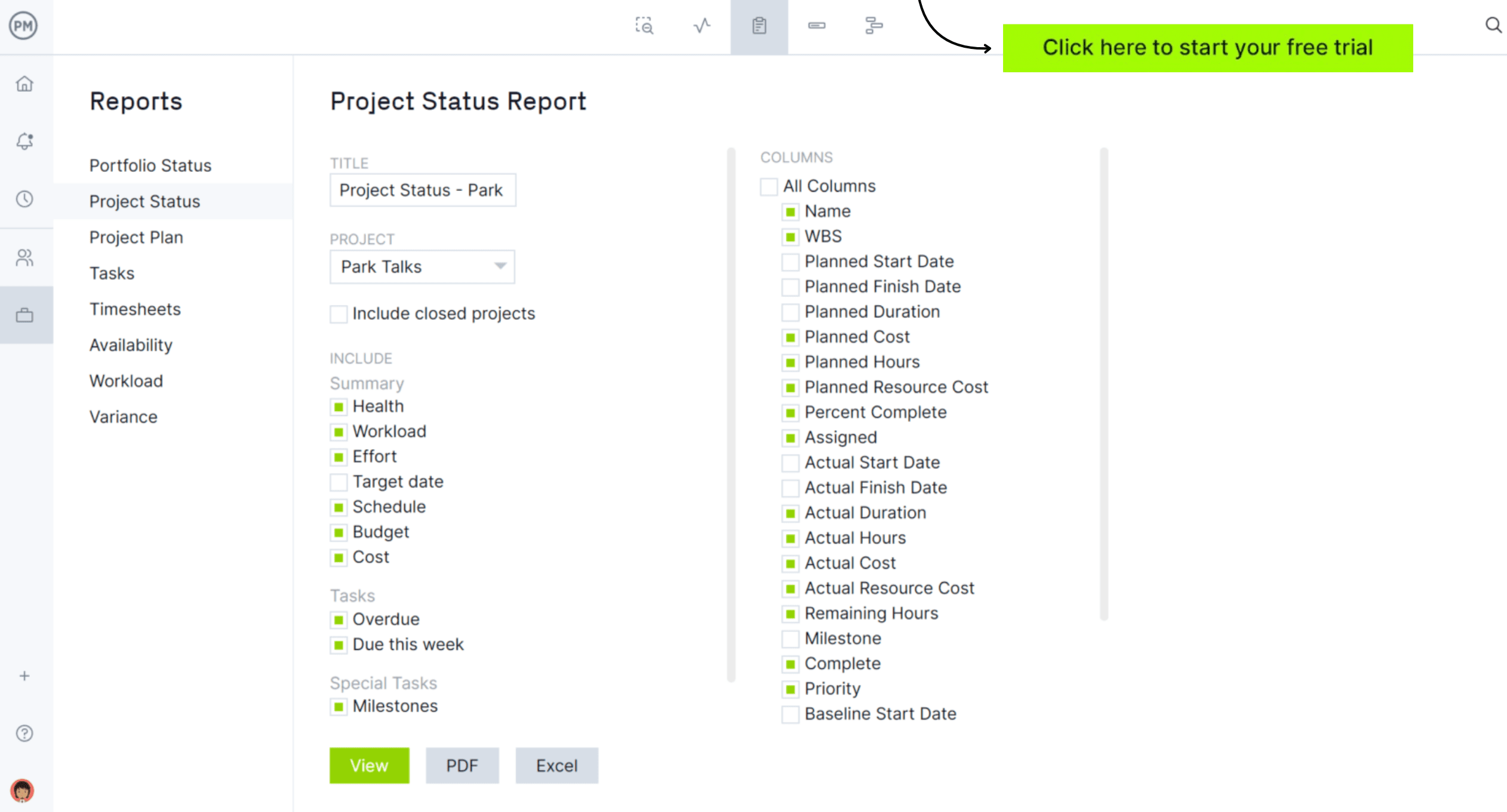 ProjectManager's project status report filter