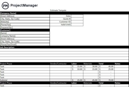 Free project estimate template Download now