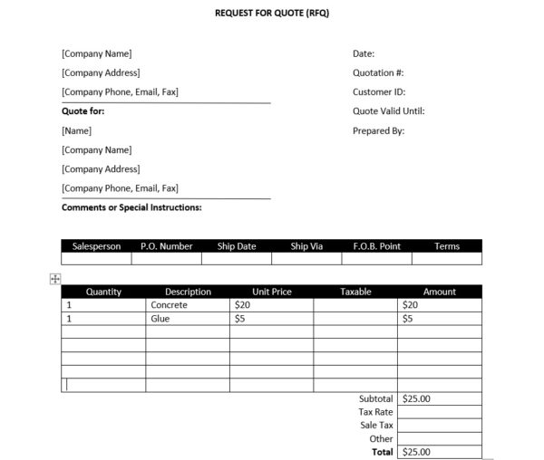 Rfq Excel Template