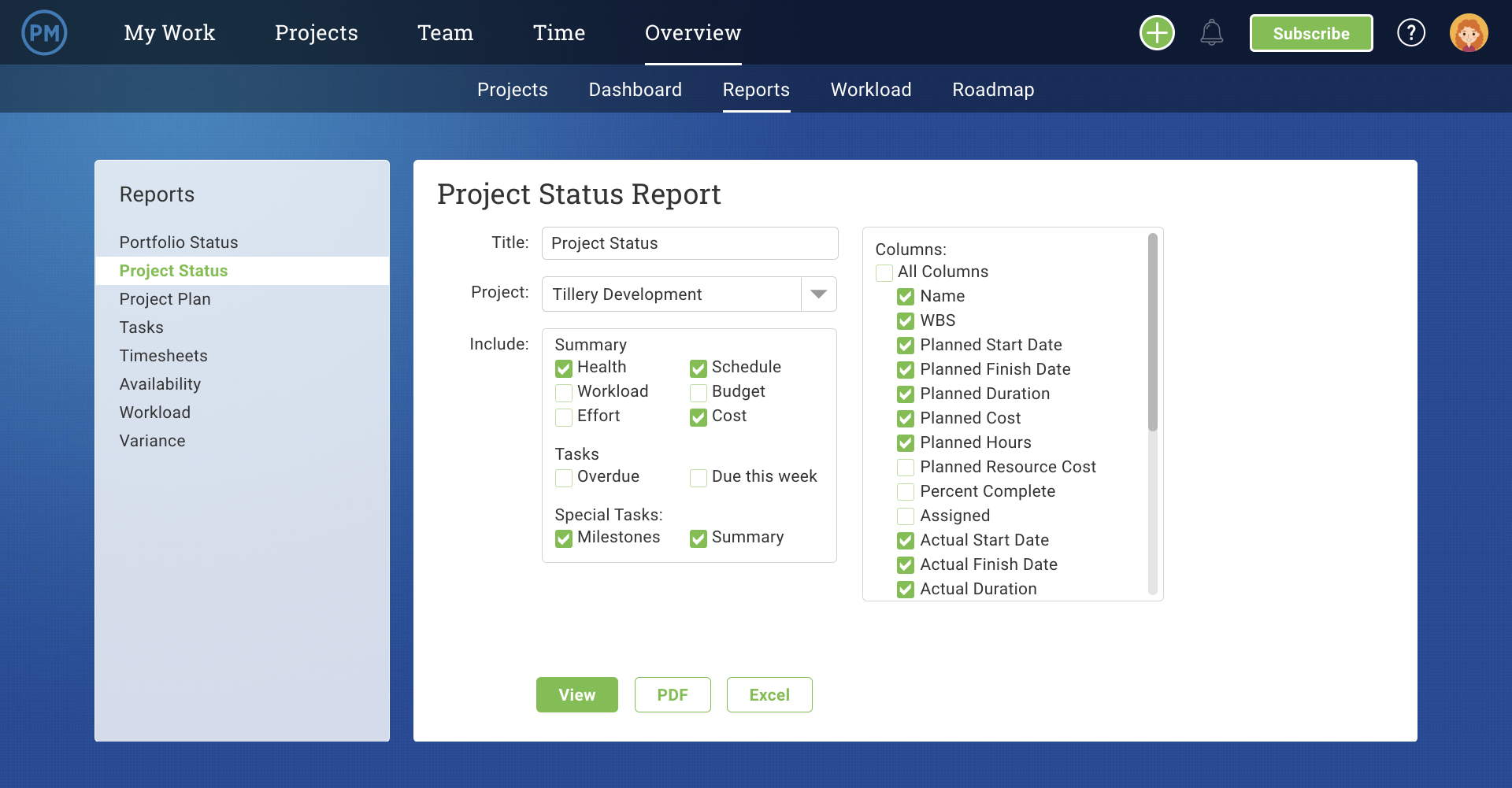 A screenshot of the status report in ProjectManager.com which can be used for monitoring production plans.
