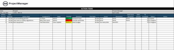 Free action items template