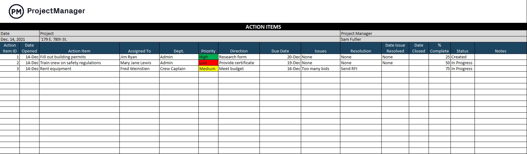 action items template for Excel