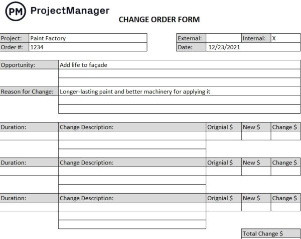 ProjectManager's free change order template for Excel