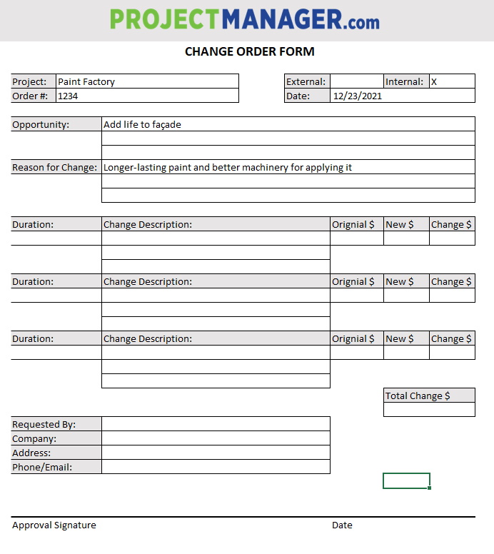 Change Order Form Template Excel