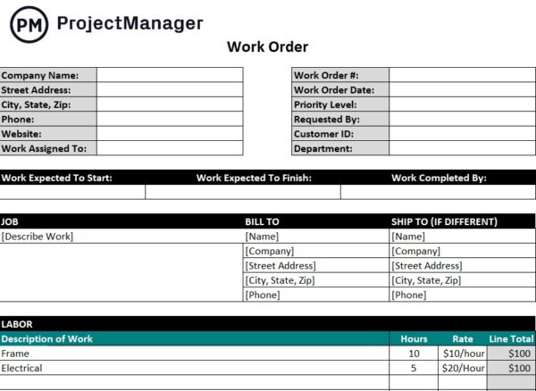 Work order template for business