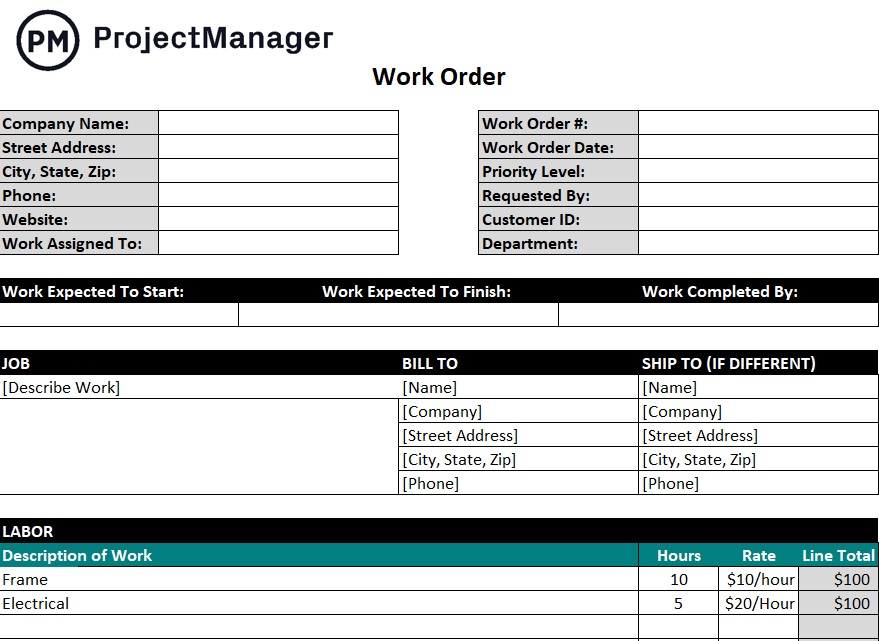 Production Work Order Template Excel