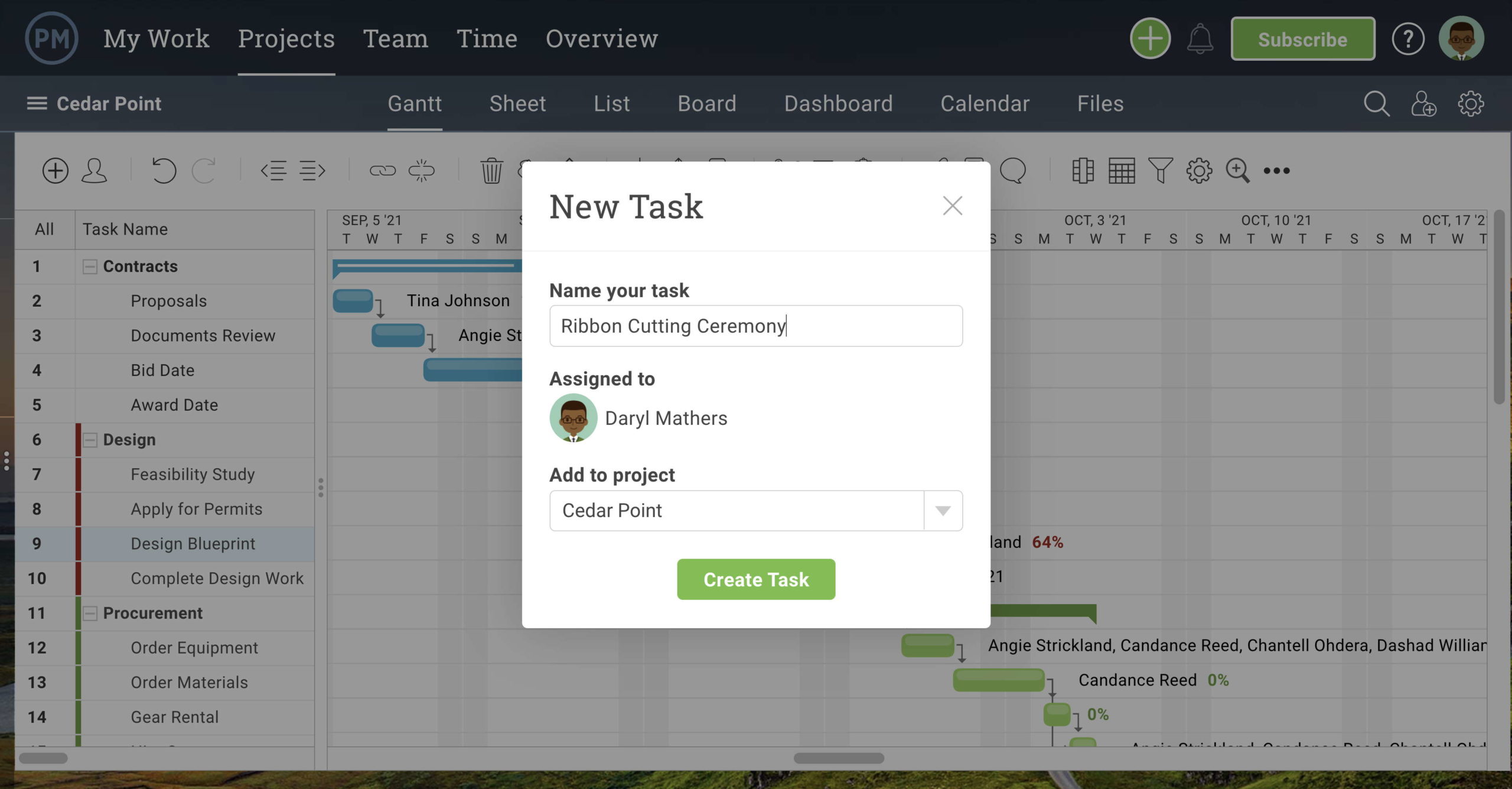 Gantt chart for maintaining project organization