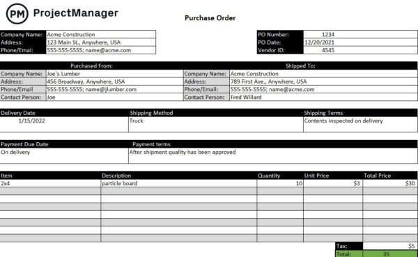 purchase order template for Excel