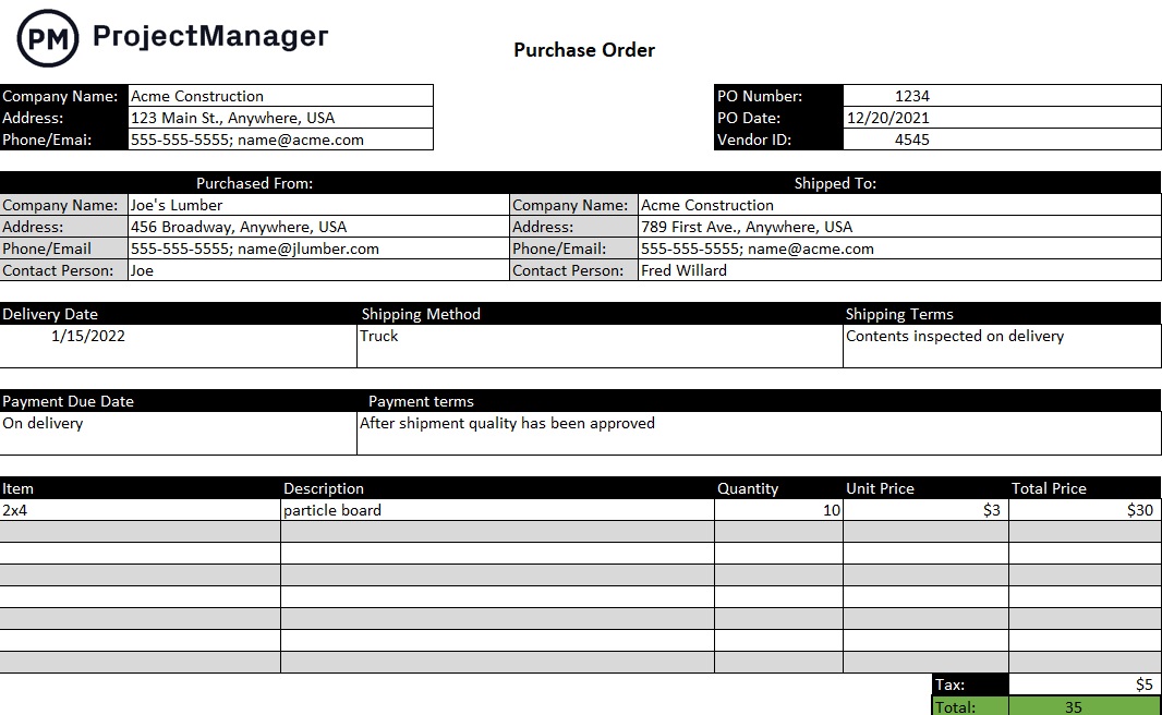 excel purchase order template