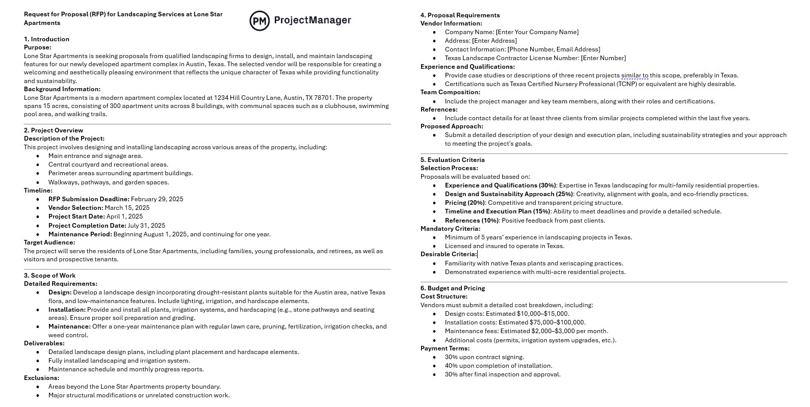 Request for Proposal Example by ProjectManager