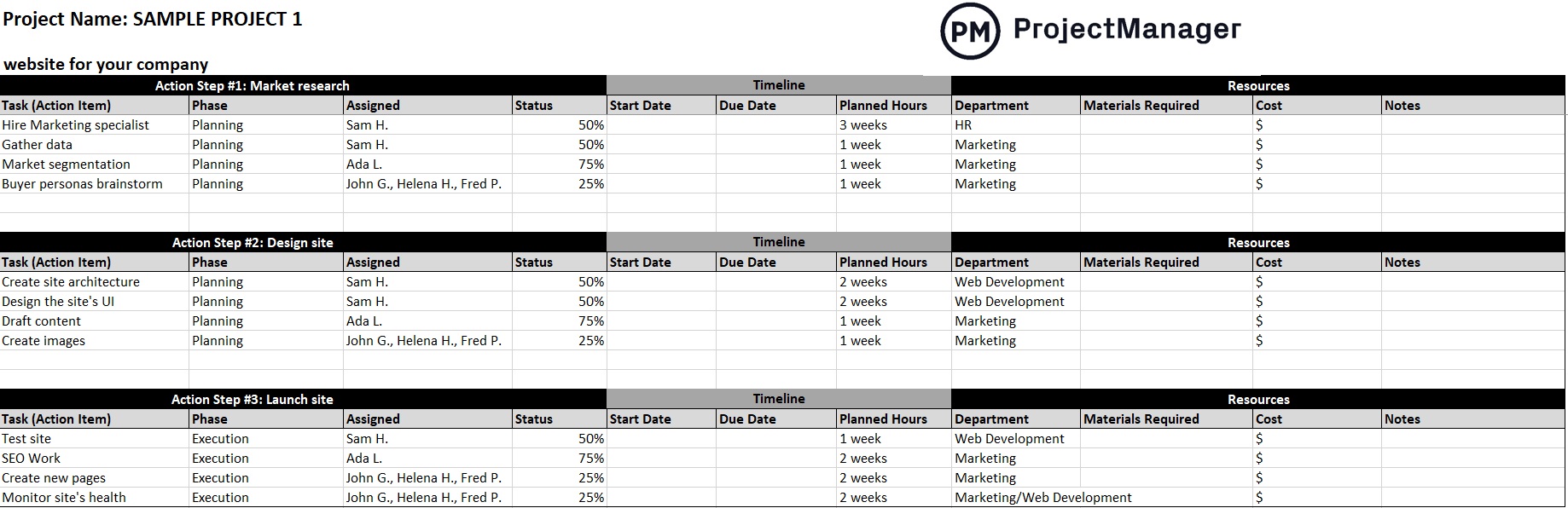 action plan sample and free action plan template for Excel