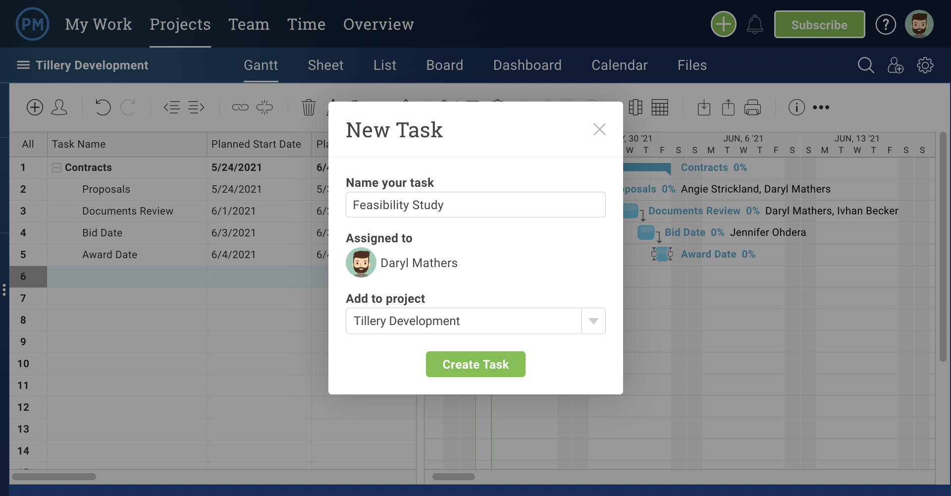 Project tasks shown in ProjectManager's online Gantt chart software