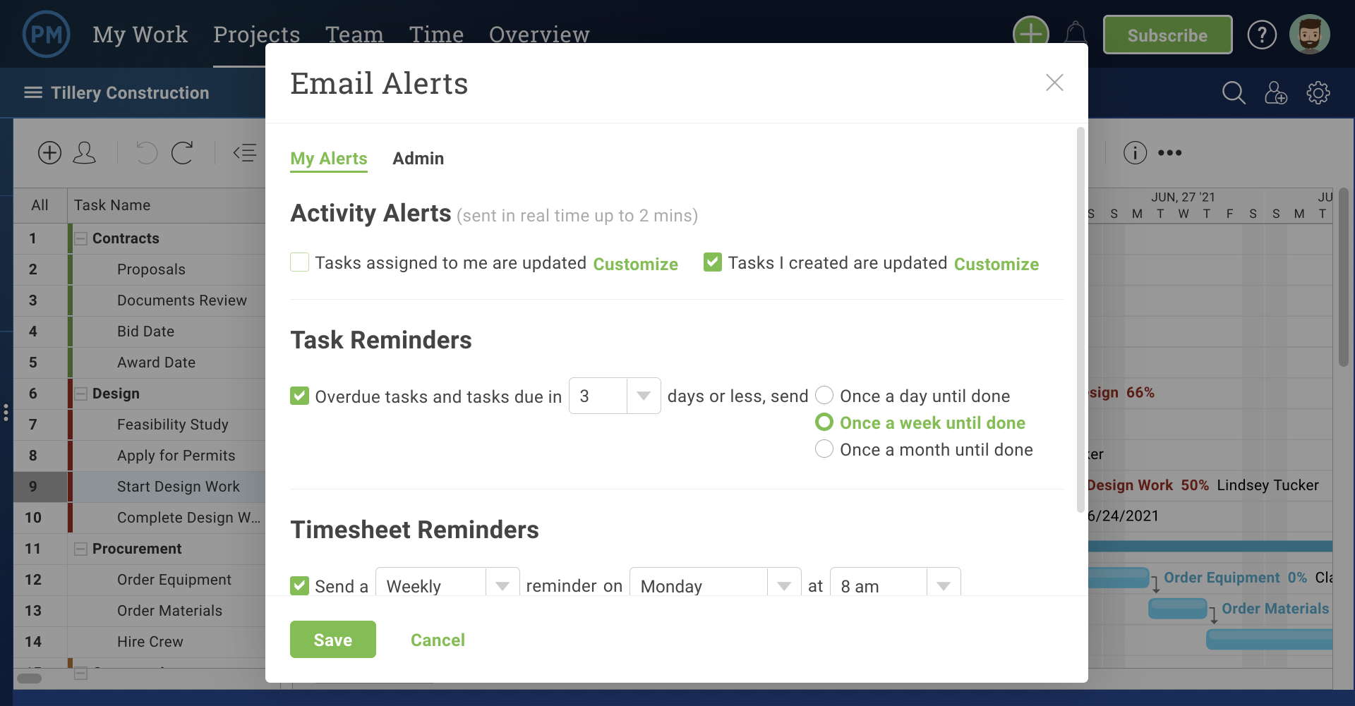 A screenshot of the the Get Email Gantt Alerts popup on the Gantt chart in ProjectManager.com