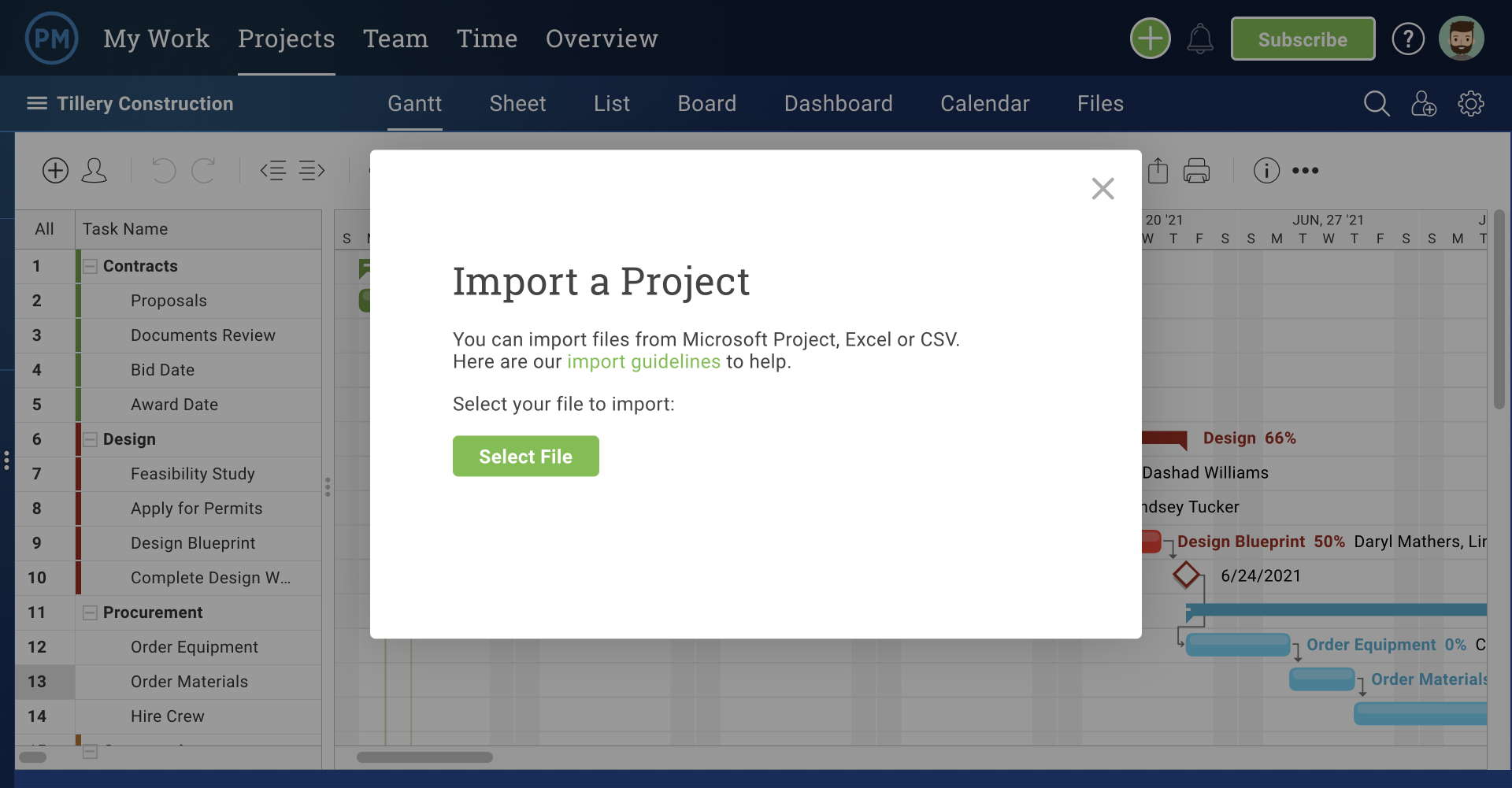 A screenshot of the Gantt Import popup on the Gantt chart in ProjectManager.com