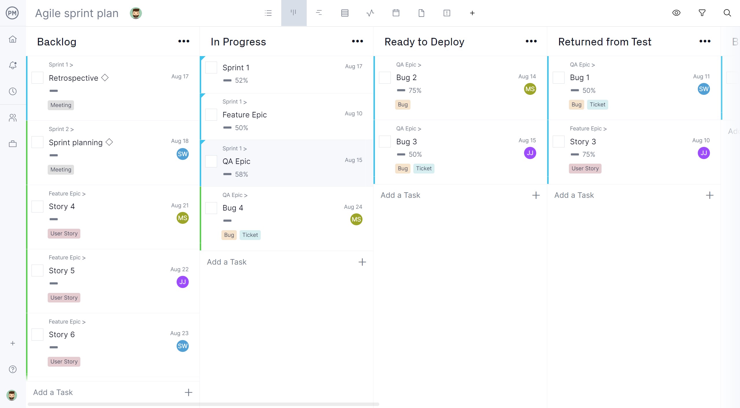 Agile sprint plan on a kanban board