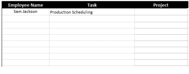 Weekly work schedule template with employee name and task name