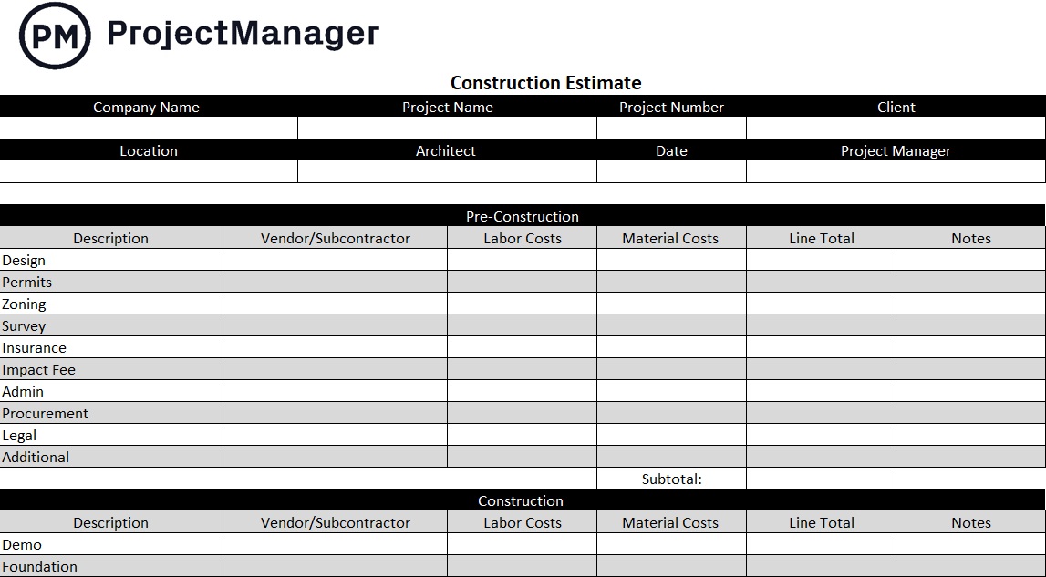 construction project template excel