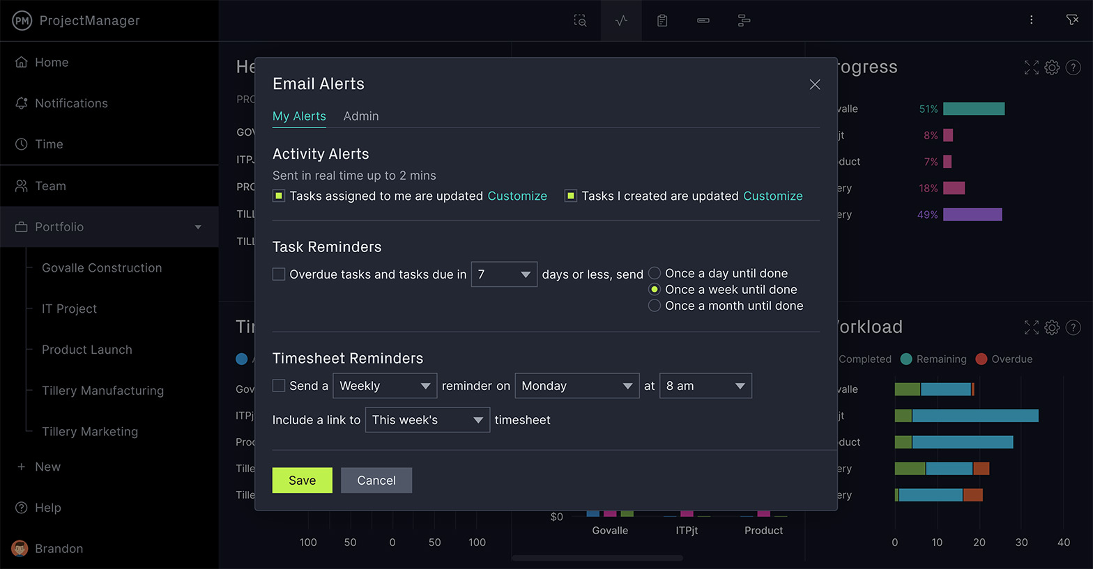 A screenshot of the the Get Email Gantt Alerts popup on the Gantt chart in ProjectManager