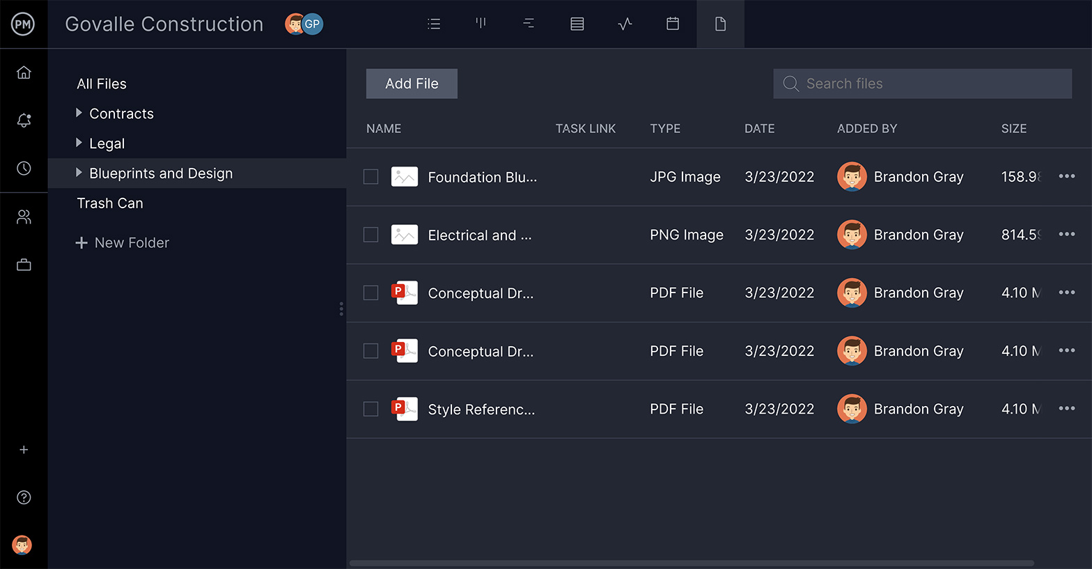 A screenshot of Gantt File Sharing on the Gantt chart in ProjectManager