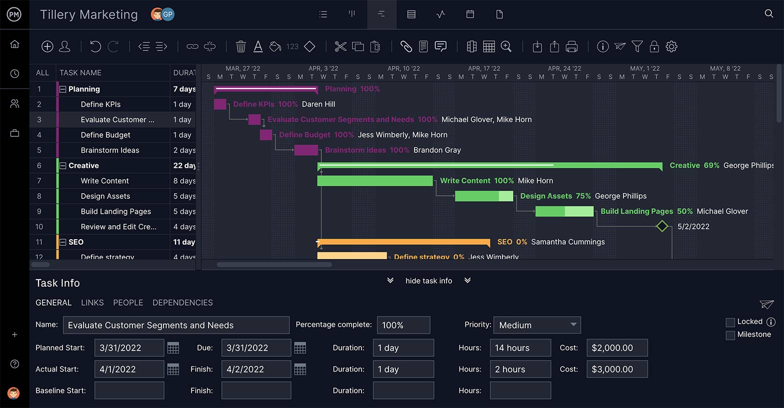 Gantt shart showing planned hours, actual hours, costs and so on