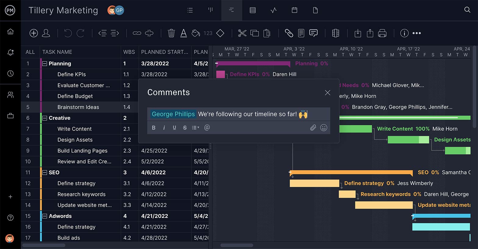 Gantt chart screenshot with a team collaboration pop up