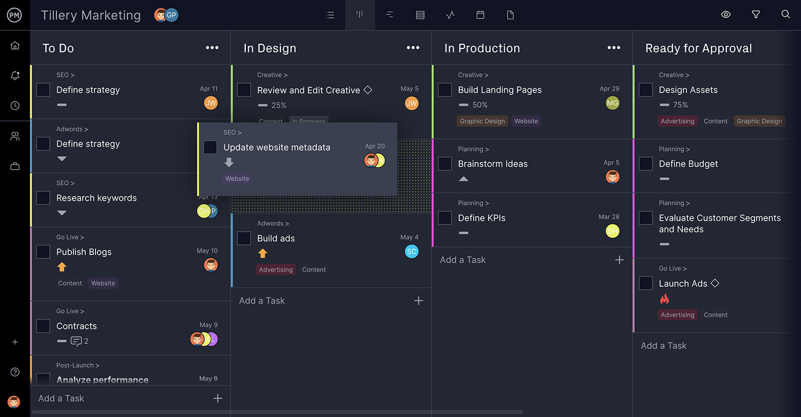 screenshot of ProjectManager's marketing campaign template on a kanban board