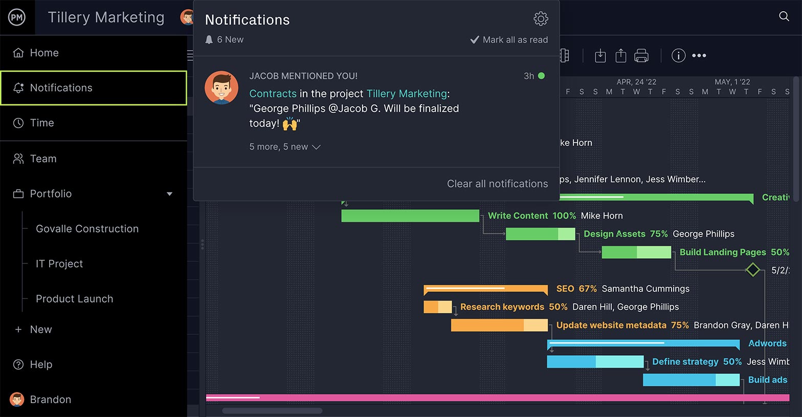 Cross-team collaboration in ProjectManager's Gantt chart