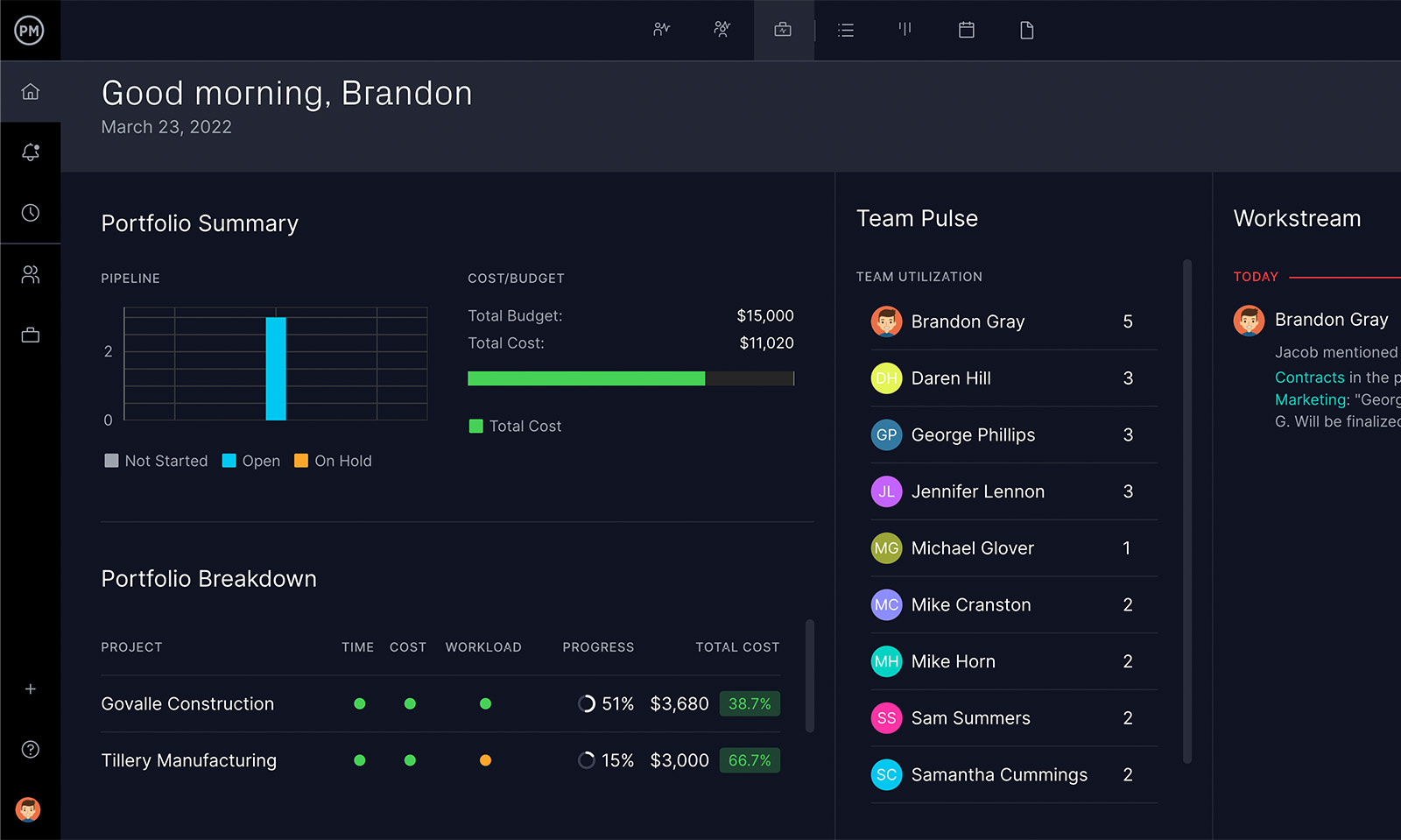 Portfolio tracking dashboard in ProjectManager's PMO software