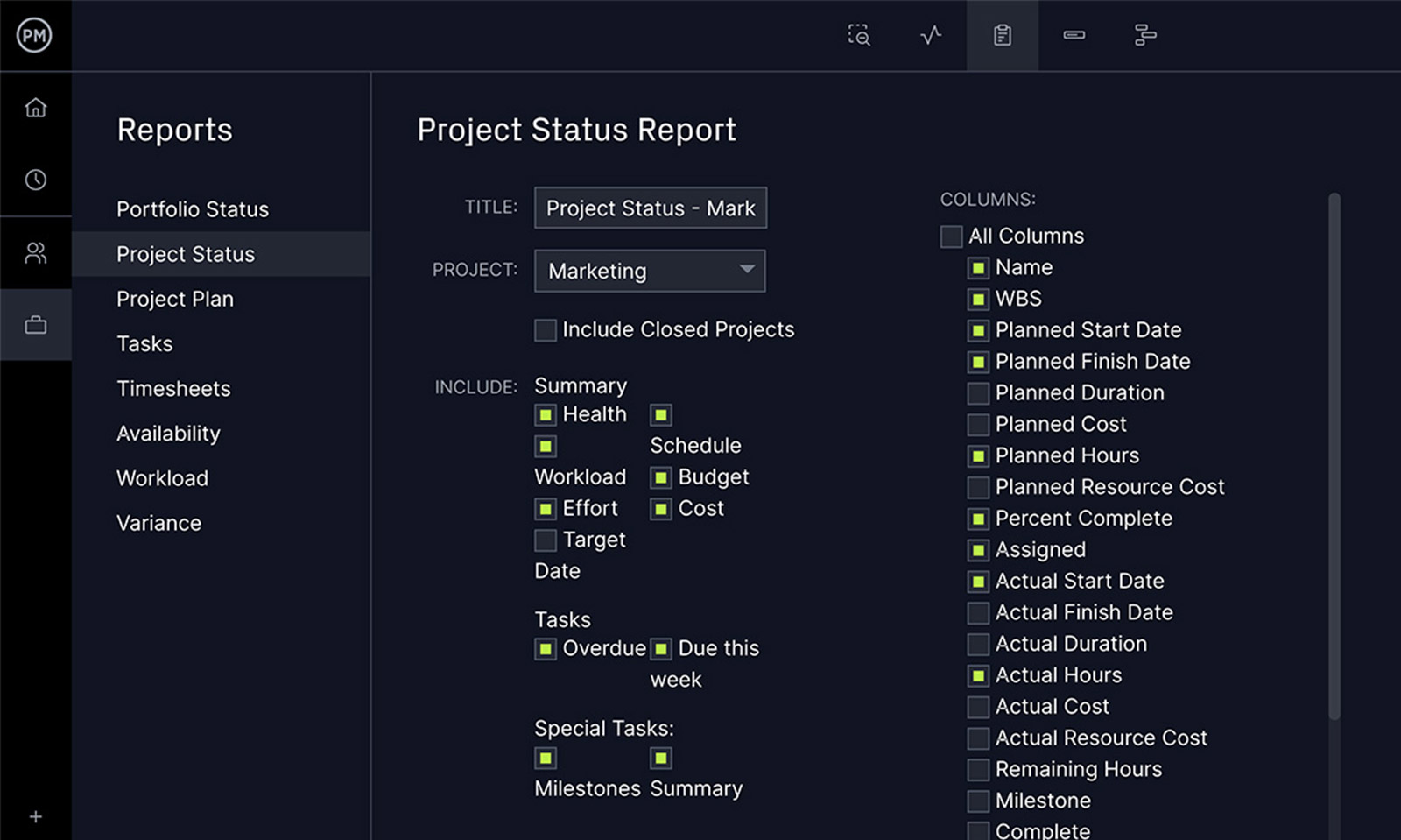 A screenshot of the reporting page in ProjectManager, useful for reporting on marketing projects