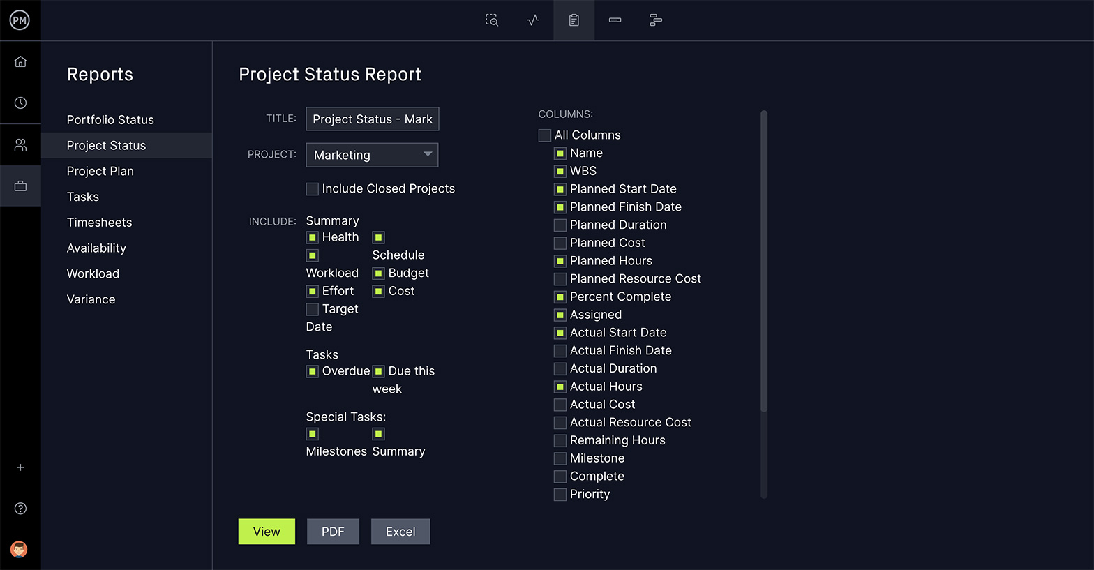 ProjectManager's status report filter window