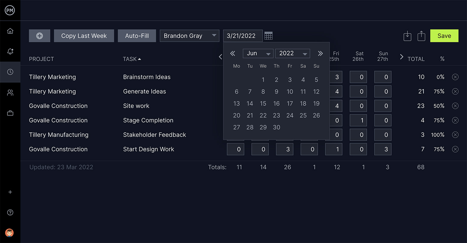 Timesheet view in ProjectManager