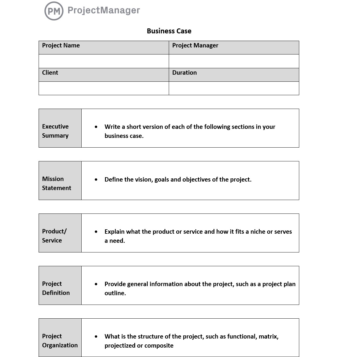 ProjectManager's business case template