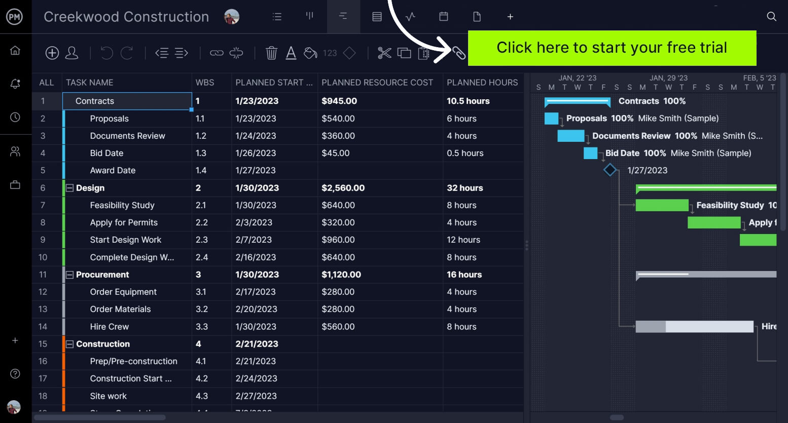 Gantt chart with a Workback schedule on it. Software CTA overlaid