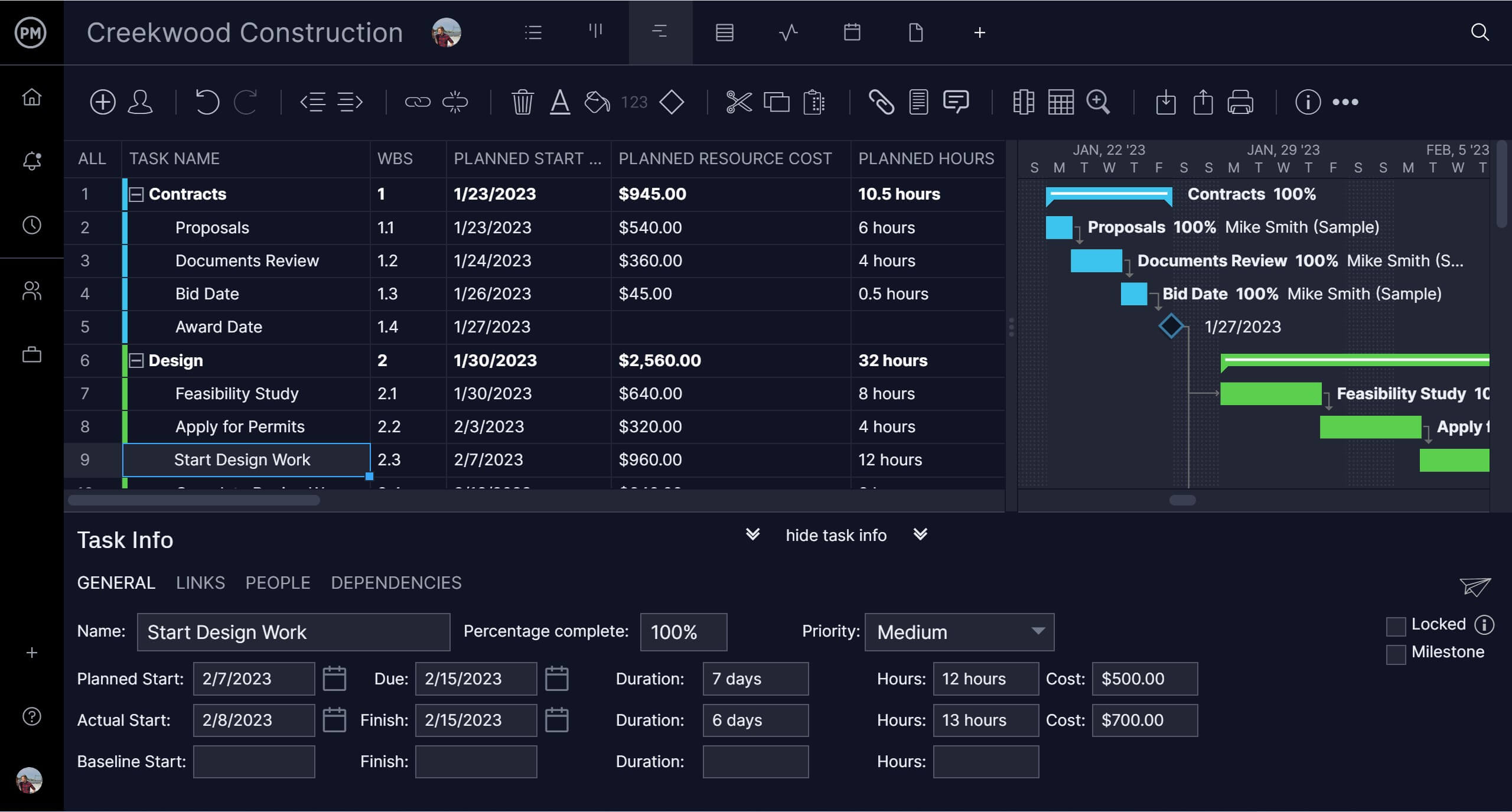 Workback schedule on a Gantt chart with task details