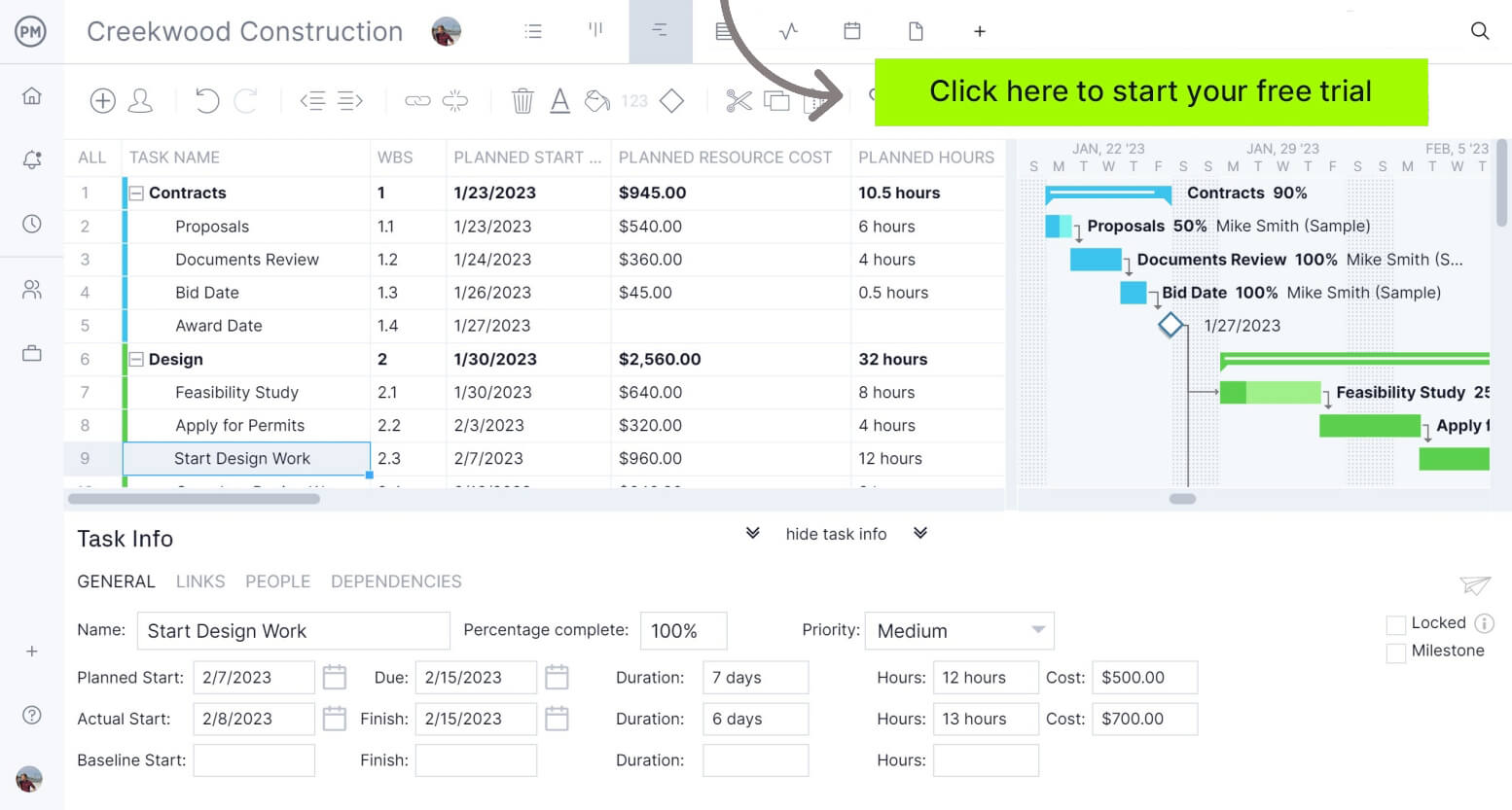 ProjectManager's Gantt chart has more features than a Notion Gantt chart