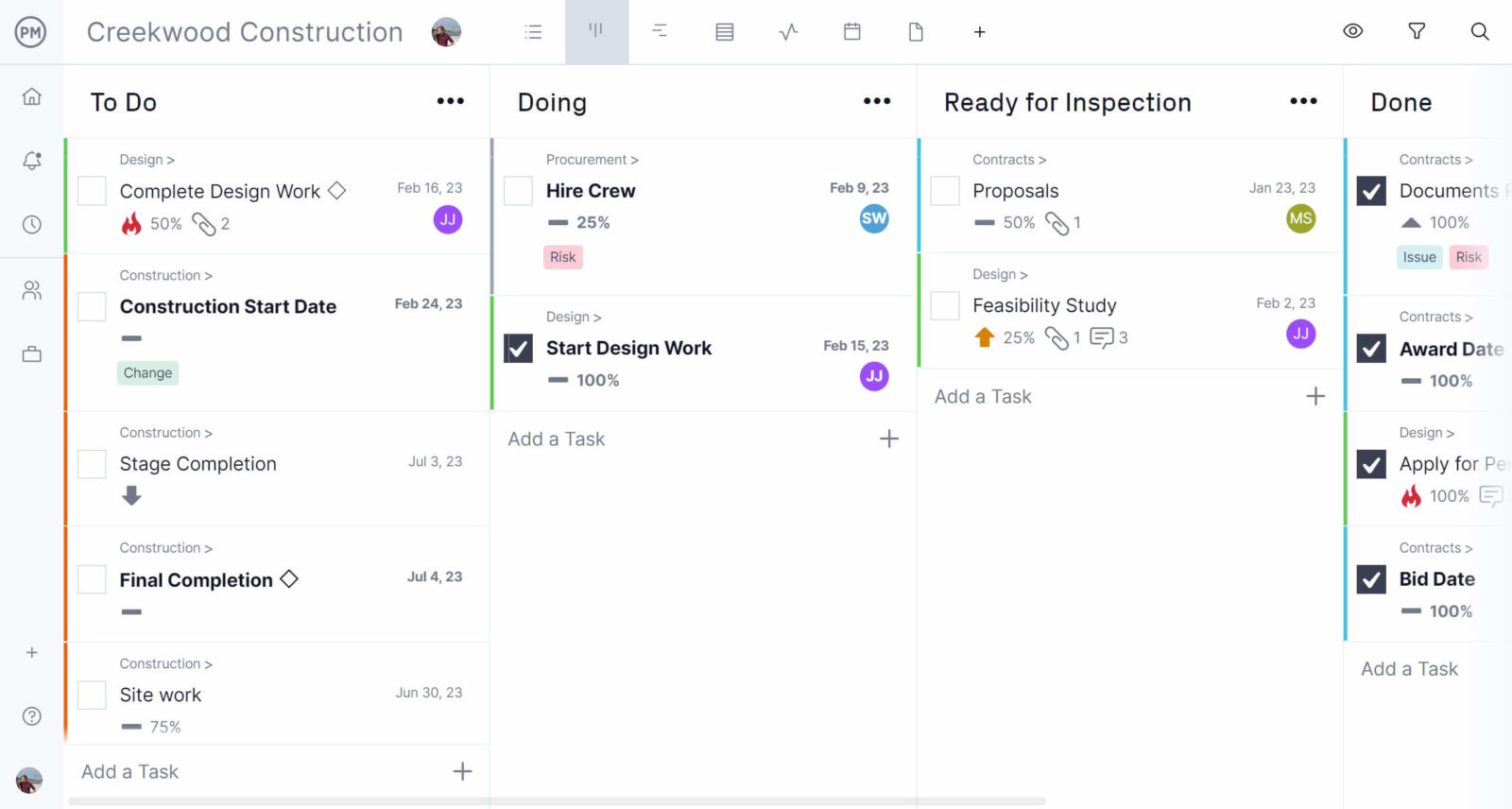 Light mode construction kanban board in ProjectManager