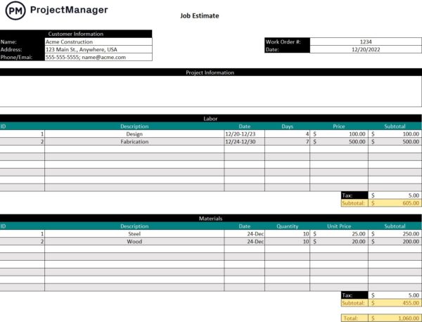 Job Estimate Template for Excel (Free Download)