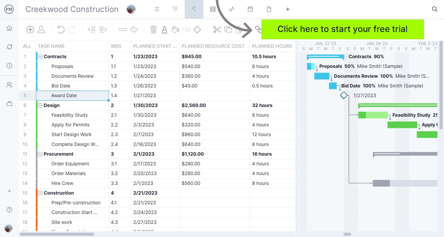 screenshot of a work plan on a Gantt chart