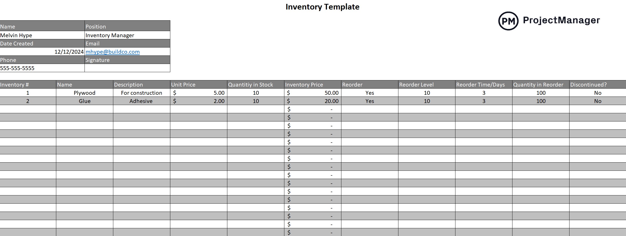 ProjectManager's inventory template