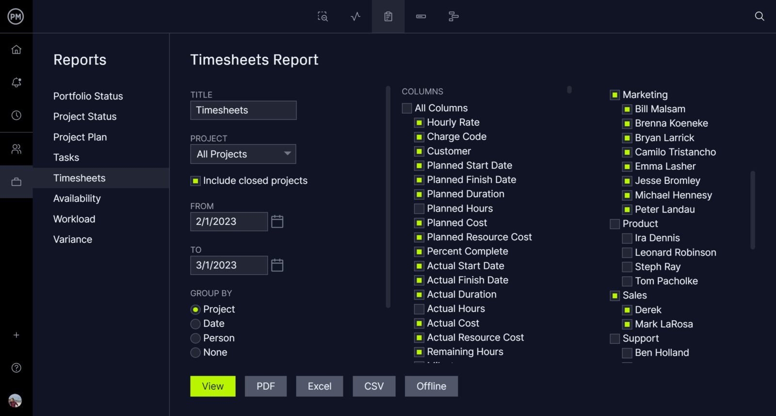 Screenshot of the timesheets report in ProjectManager