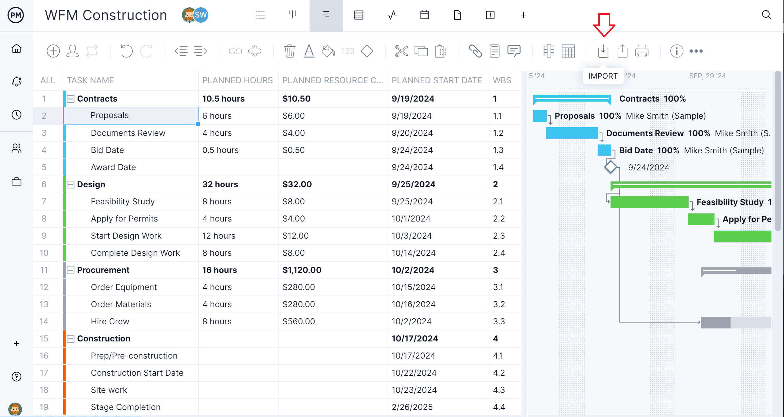 Import an MPP file on the ProjectManager Gantt chart