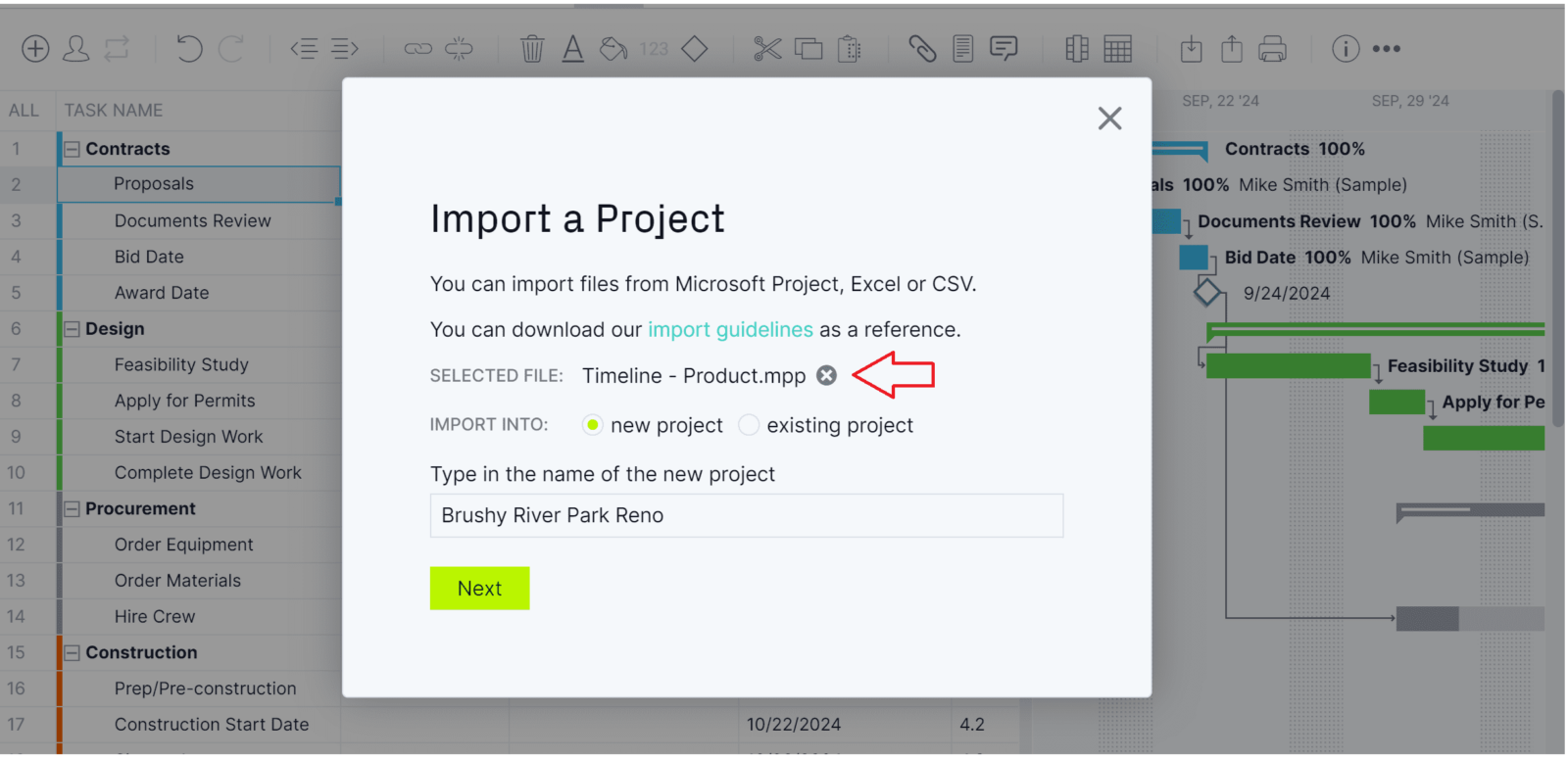 MPP file selected for import into ProjectManager, which runs on Mac