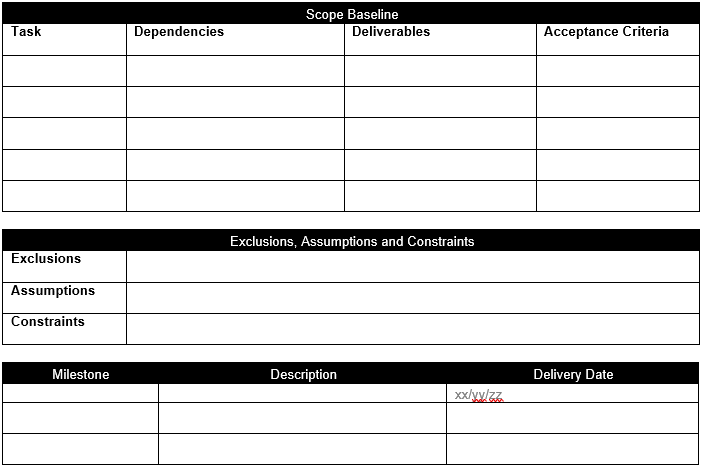 Scope management plan section of ProjectManager's project plan template for Excel