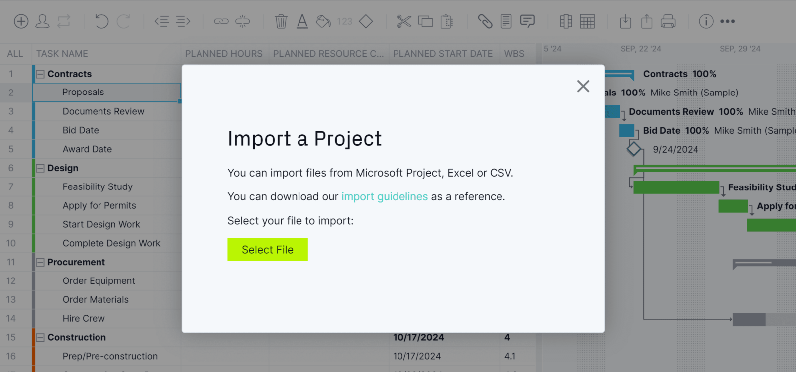 ProjectManager's Excel import button