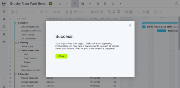 Success popup Microsoft Project for Web